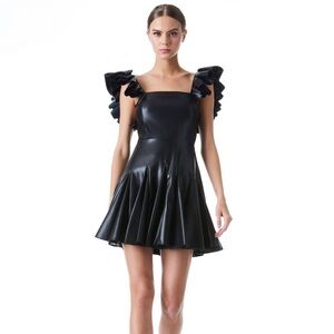 BNWOT Alice + Olivia Ginny Ruffle Sleeve Vegan Leather Mini Dress Size 0 Black